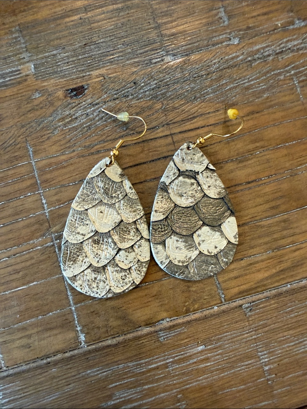 Gold and Beige Scaled Teardrop Leather Earrings - Women Jewelry